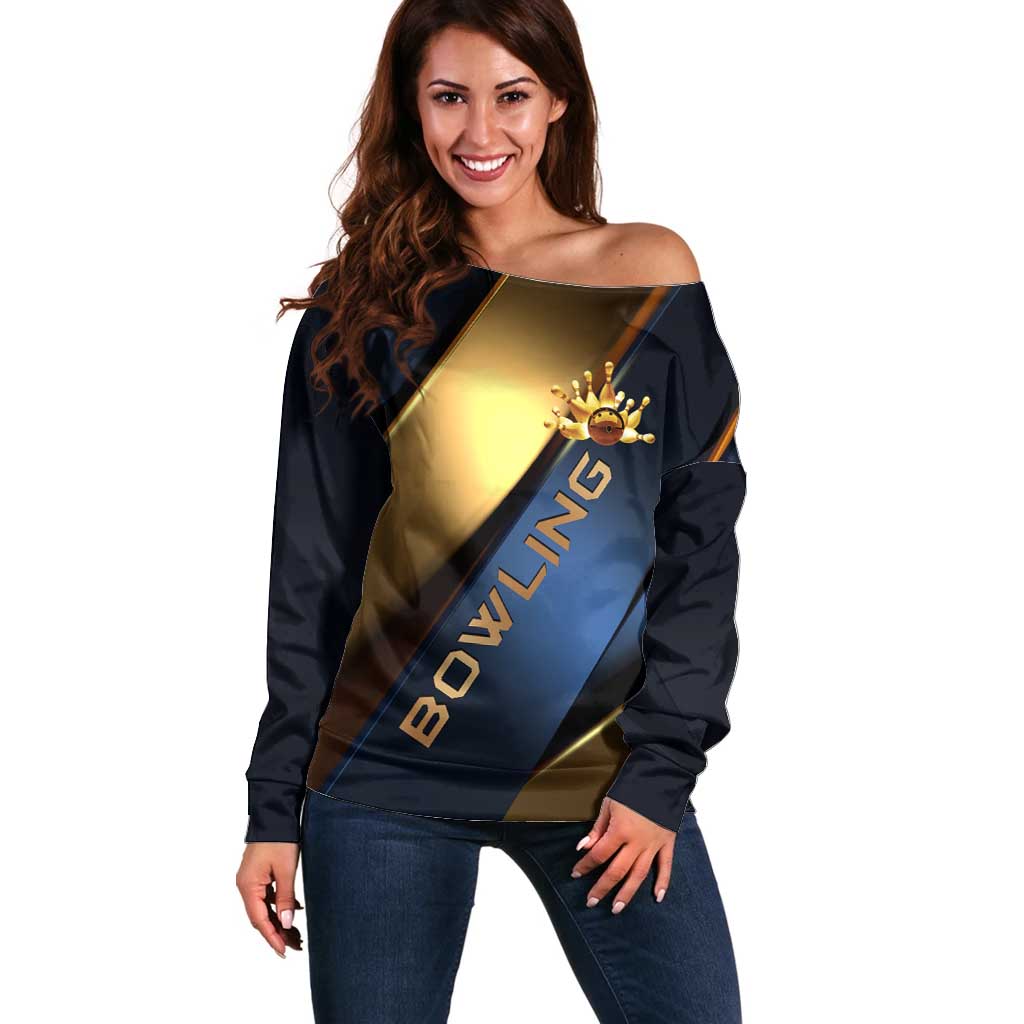 Angry Bowling Ball and Pins Off Shoulder Sweater with Blue and Gold Metallic Stripe Graphic Design - Wonder Print Shop
