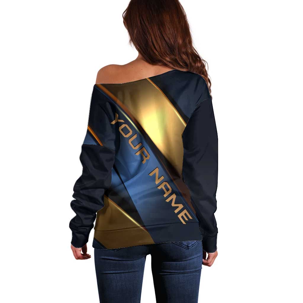 Angry Bowling Ball and Pins Off Shoulder Sweater with Blue and Gold Metallic Stripe Graphic Design - Wonder Print Shop
