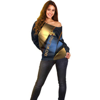 Angry Bowling Ball and Pins Off Shoulder Sweater with Blue and Gold Metallic Stripe Graphic Design - Wonder Print Shop