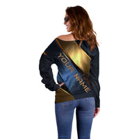 Angry Bowling Ball and Pins Off Shoulder Sweater with Blue and Gold Metallic Stripe Graphic Design - Wonder Print Shop