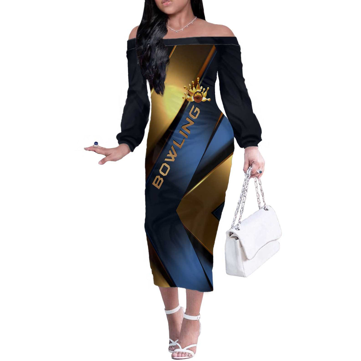 Angry Bowling Ball and Pins Off The Shoulder Long Sleeve Dress with Blue and Gold Metallic Stripe Graphic Design - Wonder Print Shop