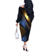 Angry Bowling Ball and Pins Off The Shoulder Long Sleeve Dress with Blue and Gold Metallic Stripe Graphic Design - Wonder Print Shop