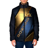 Angry Bowling Ball and Pins Padded Jacket with Blue and Gold Metallic Stripe Graphic Design - Wonder Print Shop