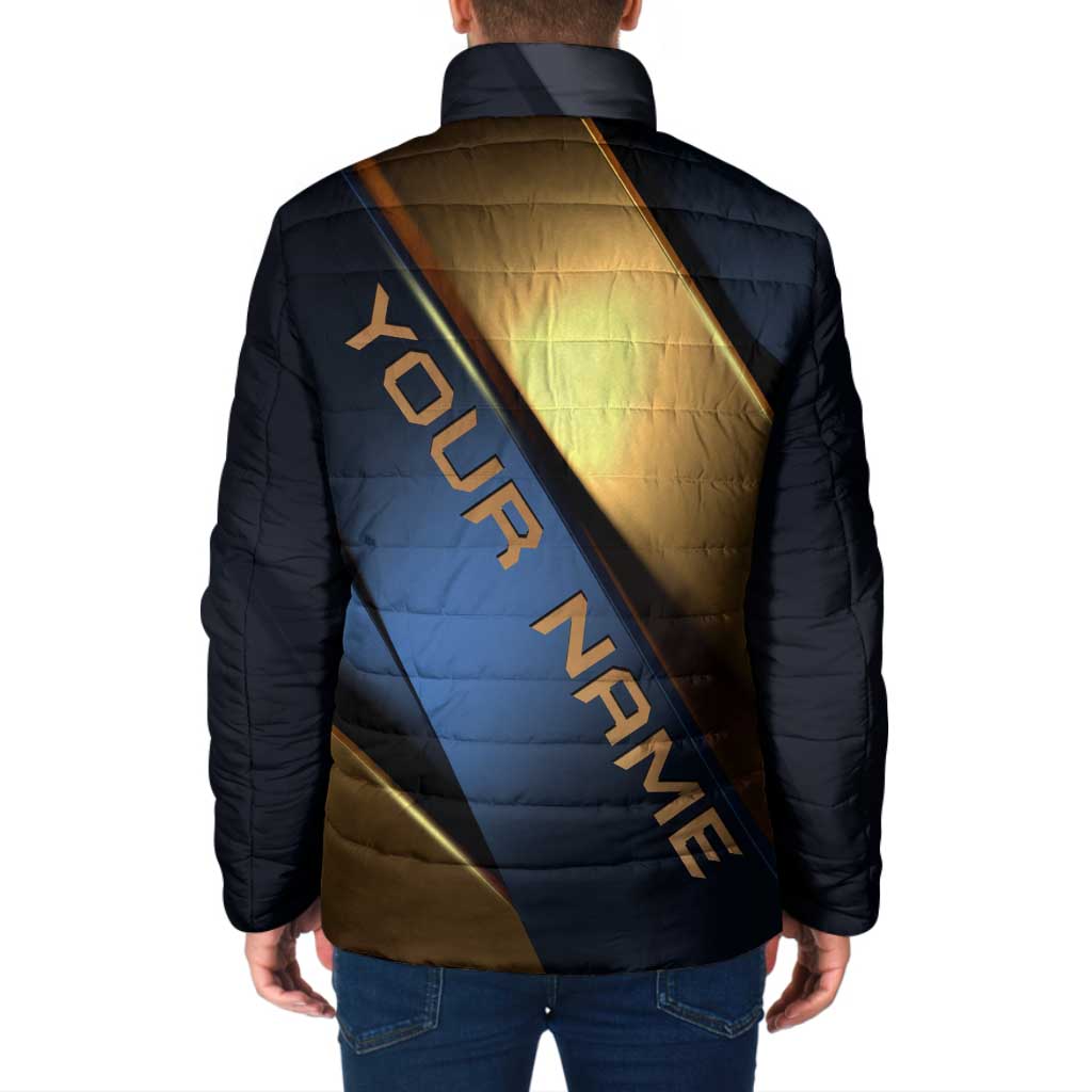 Angry Bowling Ball and Pins Padded Jacket with Blue and Gold Metallic Stripe Graphic Design - Wonder Print Shop