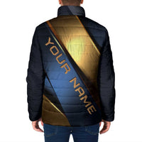 Angry Bowling Ball and Pins Padded Jacket with Blue and Gold Metallic Stripe Graphic Design - Wonder Print Shop