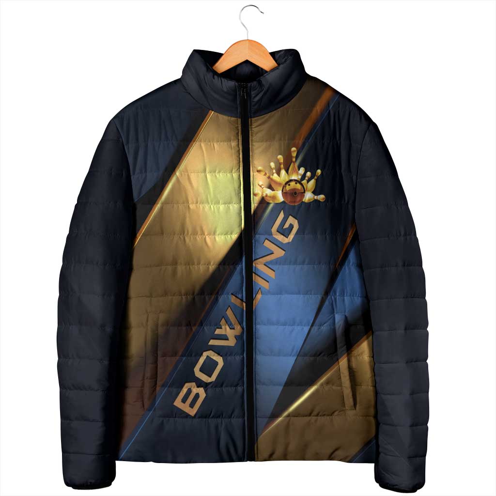 Angry Bowling Ball and Pins Padded Jacket with Blue and Gold Metallic Stripe Graphic Design - Wonder Print Shop