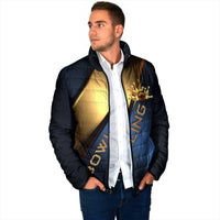 Angry Bowling Ball and Pins Padded Jacket with Blue and Gold Metallic Stripe Graphic Design - Wonder Print Shop