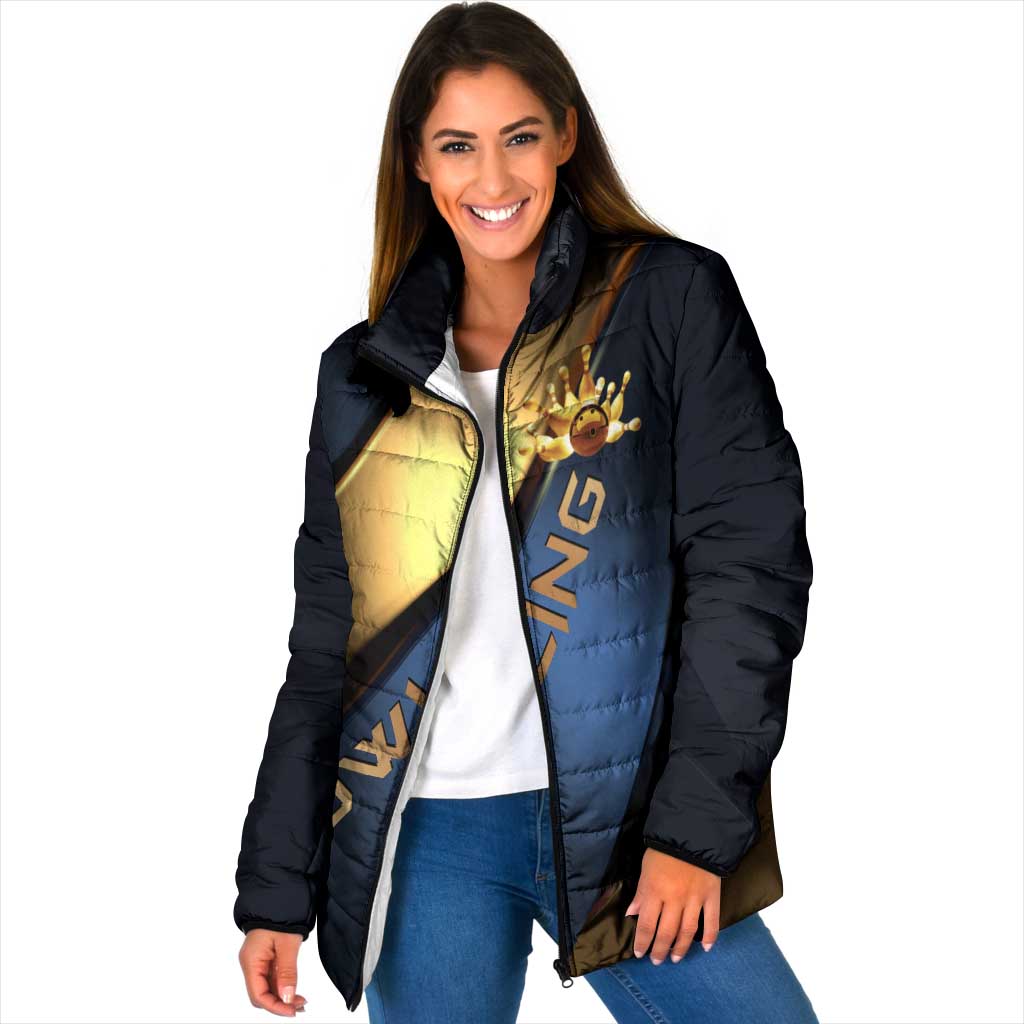 Angry Bowling Ball and Pins Padded Jacket with Blue and Gold Metallic Stripe Graphic Design - Wonder Print Shop
