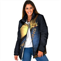 Angry Bowling Ball and Pins Padded Jacket with Blue and Gold Metallic Stripe Graphic Design - Wonder Print Shop