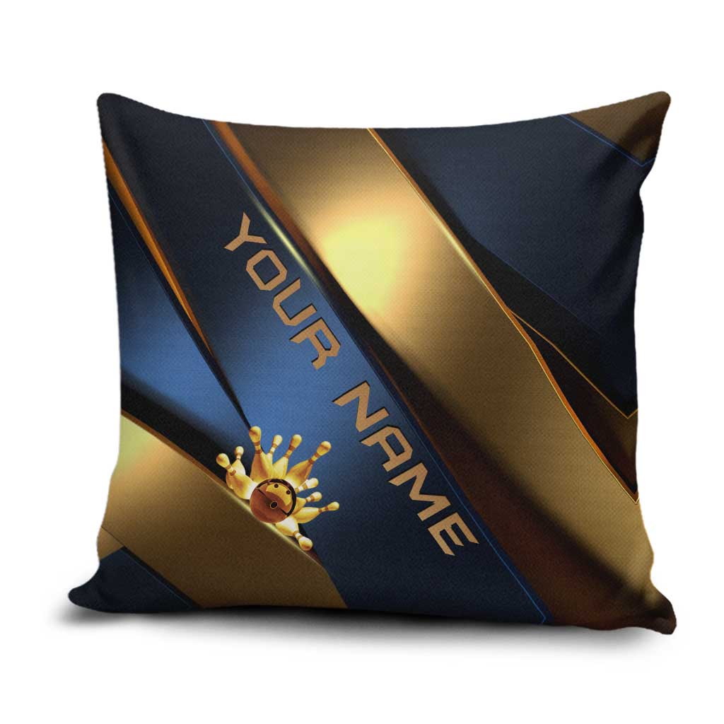 Angry Bowling Ball and Pins Pillow Cover with Blue and Gold Metallic Stripe Graphic Design - Wonder Print Shop