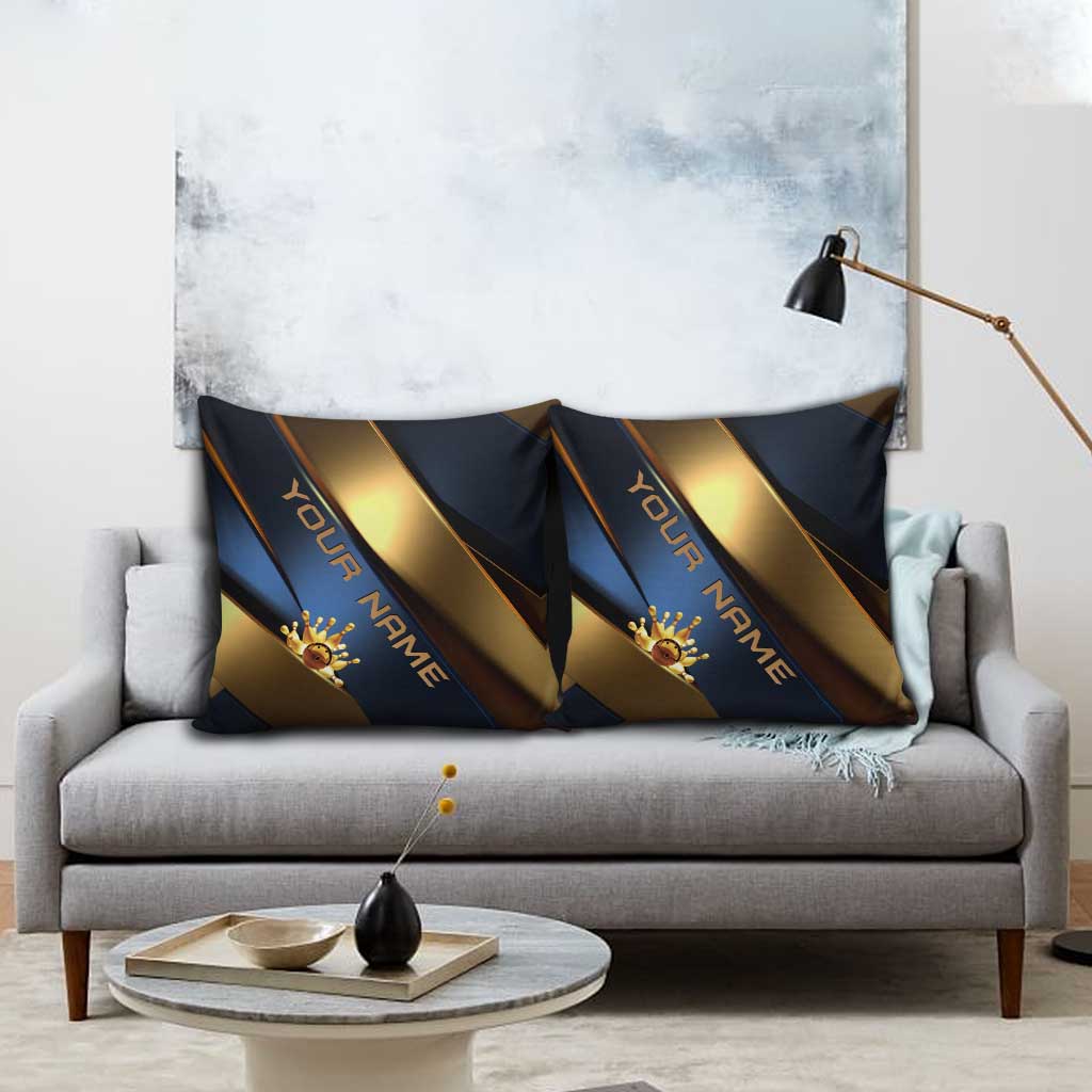 Angry Bowling Ball and Pins Pillow Cover with Blue and Gold Metallic Stripe Graphic Design - Wonder Print Shop