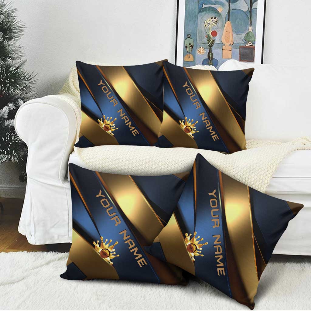 Angry Bowling Ball and Pins Pillow Cover with Blue and Gold Metallic Stripe Graphic Design - Wonder Print Shop