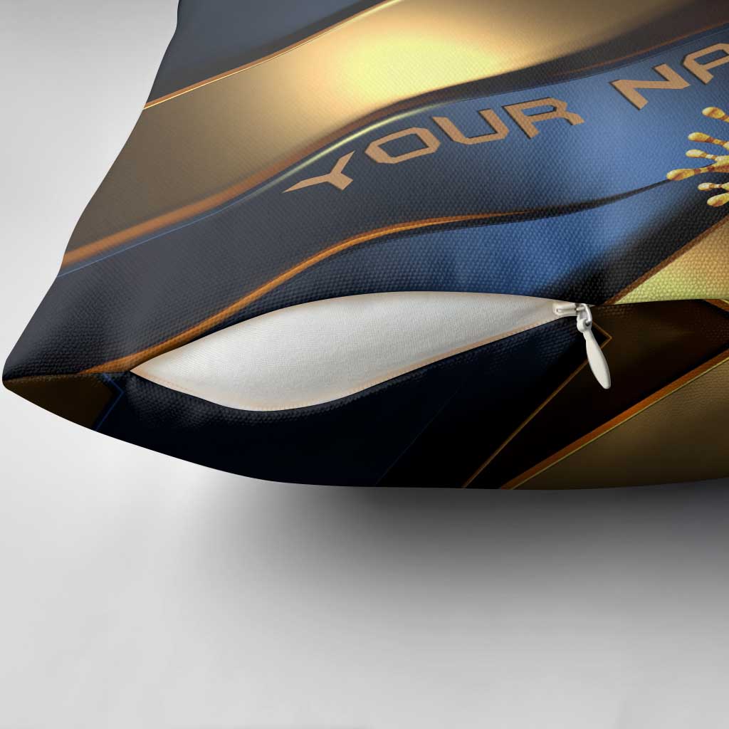 Angry Bowling Ball and Pins Pillow Cover with Blue and Gold Metallic Stripe Graphic Design - Wonder Print Shop