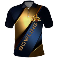 Angry Bowling Ball and Pins Polo Shirt with Blue and Gold Metallic Stripe Graphic Design - Wonder Print Shop
