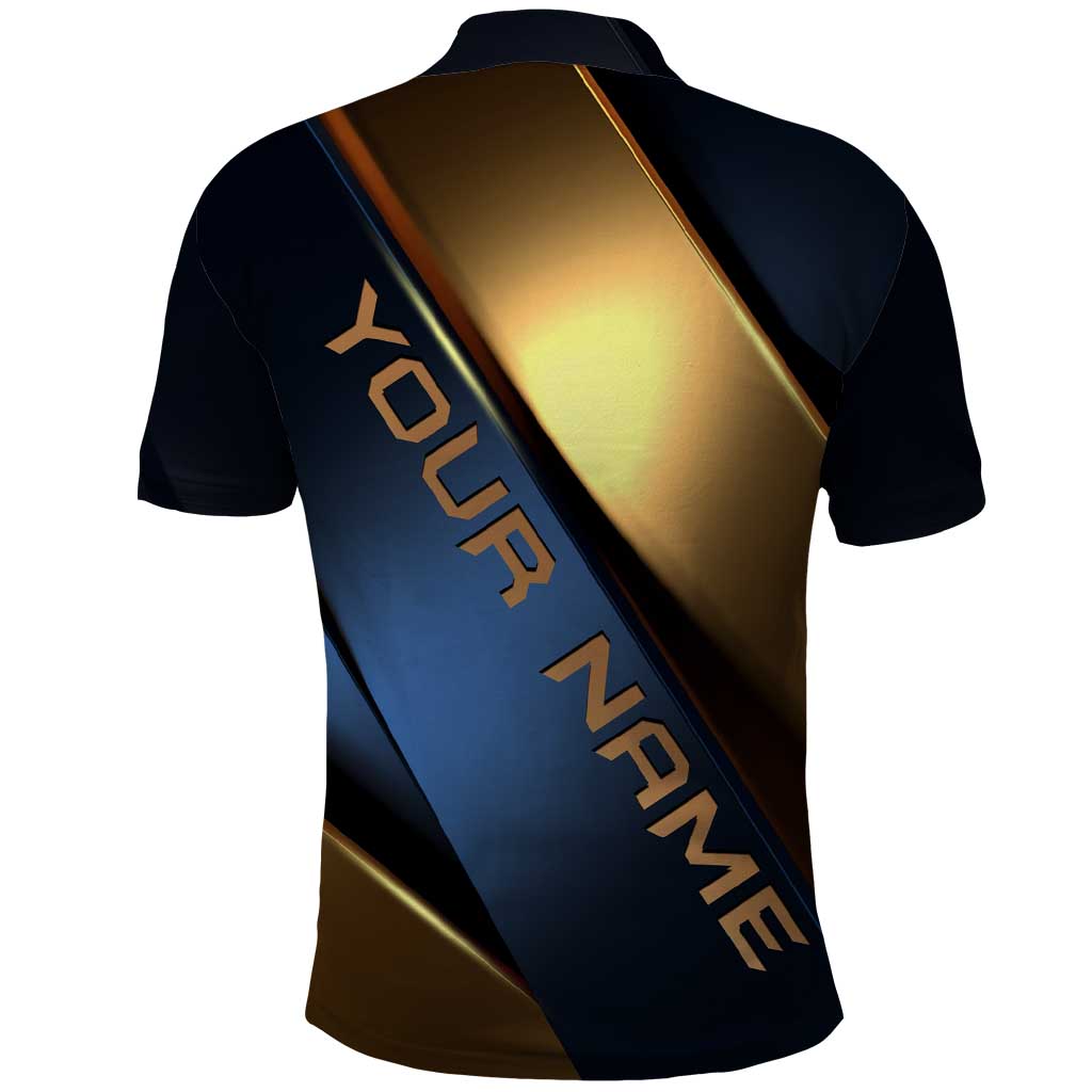 Angry Bowling Ball and Pins Polo Shirt with Blue and Gold Metallic Stripe Graphic Design - Wonder Print Shop