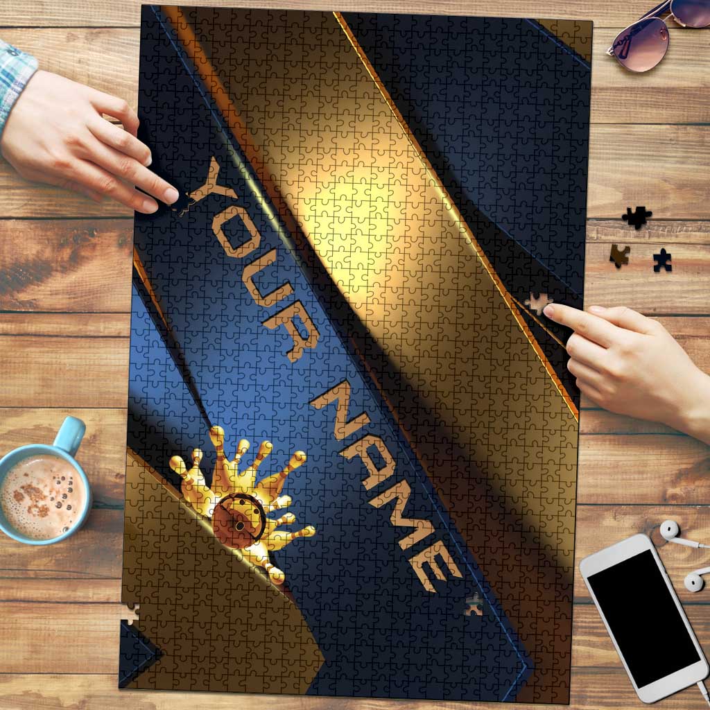 Angry Bowling Ball and Pins Puzzle with Blue and Gold Metallic Stripe Graphic Design - Wonder Print Shop