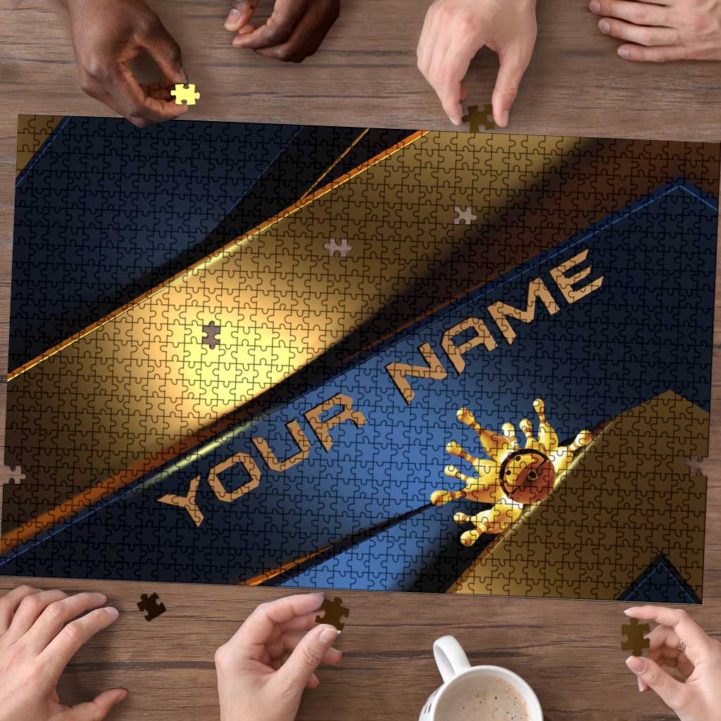 Angry Bowling Ball and Pins Puzzle with Blue and Gold Metallic Stripe Graphic Design - Wonder Print Shop