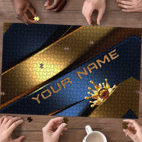 Angry Bowling Ball and Pins Puzzle with Blue and Gold Metallic Stripe Graphic Design - Wonder Print Shop