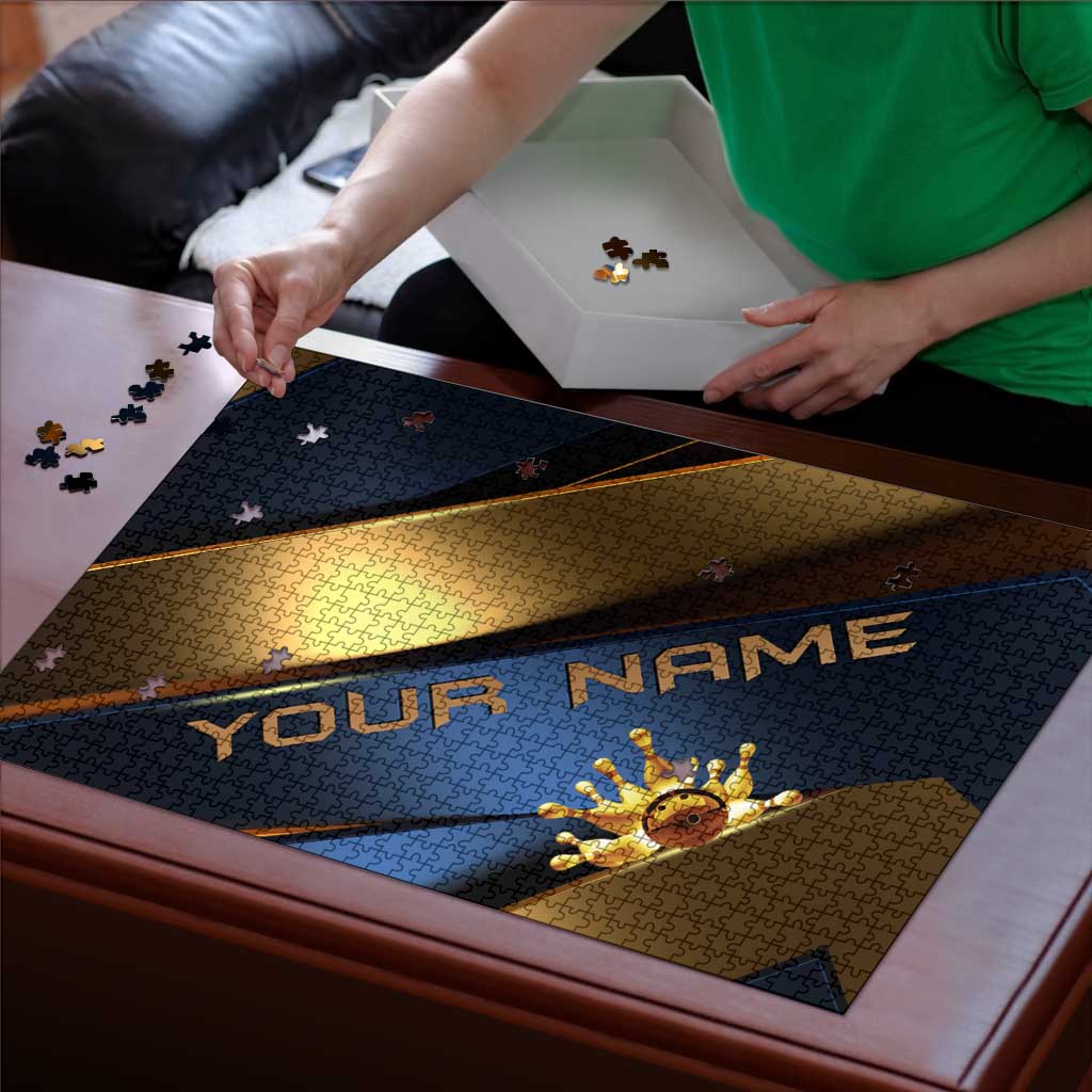 Angry Bowling Ball and Pins Puzzle with Blue and Gold Metallic Stripe Graphic Design - Wonder Print Shop