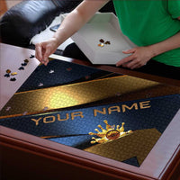 Angry Bowling Ball and Pins Puzzle with Blue and Gold Metallic Stripe Graphic Design - Wonder Print Shop