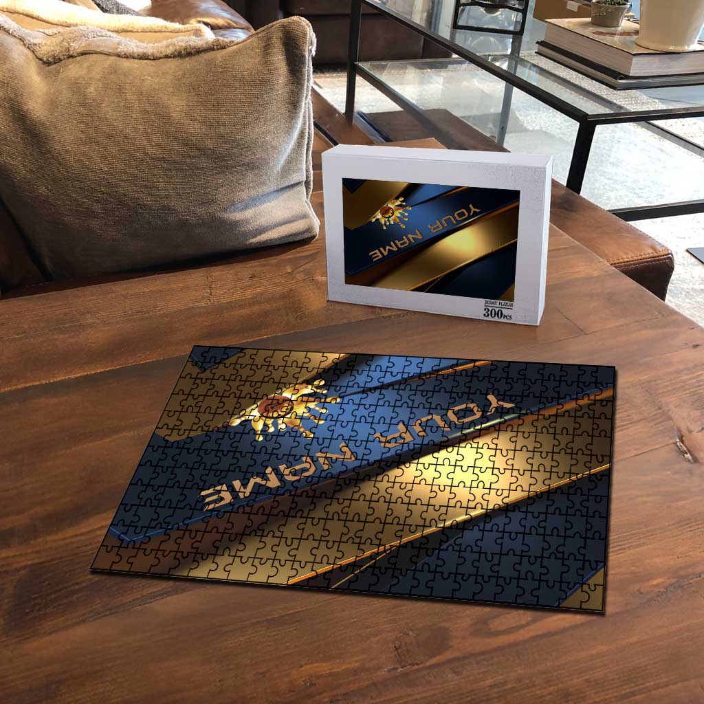 Angry Bowling Ball and Pins Puzzle with Blue and Gold Metallic Stripe Graphic Design - Wonder Print Shop