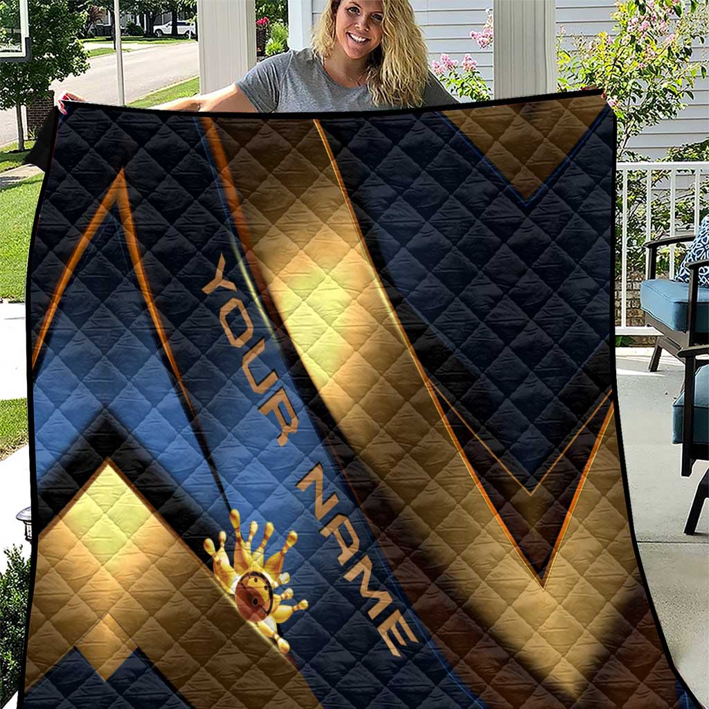 Angry Bowling Ball and Pins Quilt with Blue and Gold Metallic Stripe Graphic Design - Wonder Print Shop