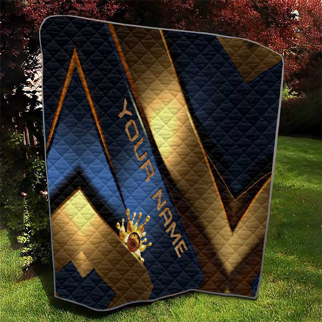 Angry Bowling Ball and Pins Quilt with Blue and Gold Metallic Stripe Graphic Design - Wonder Print Shop