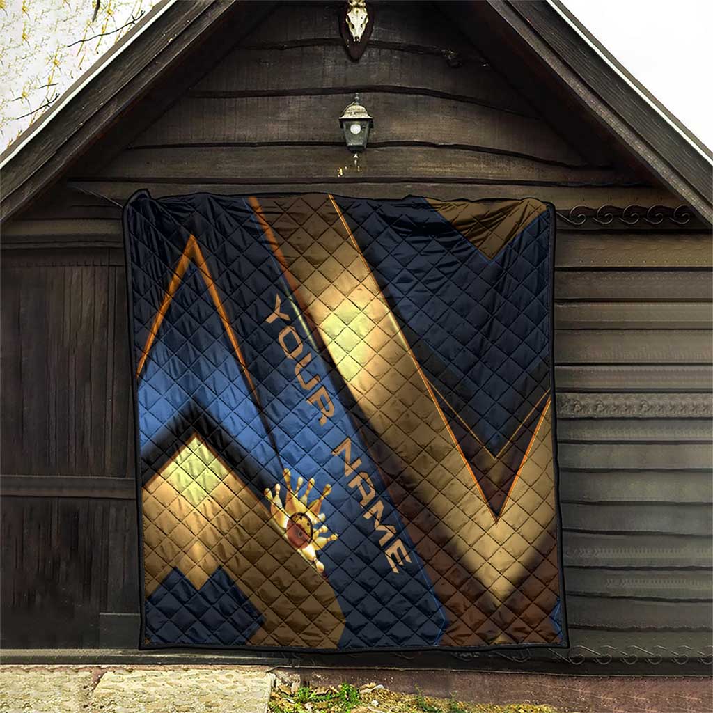 Angry Bowling Ball and Pins Quilt with Blue and Gold Metallic Stripe Graphic Design - Wonder Print Shop