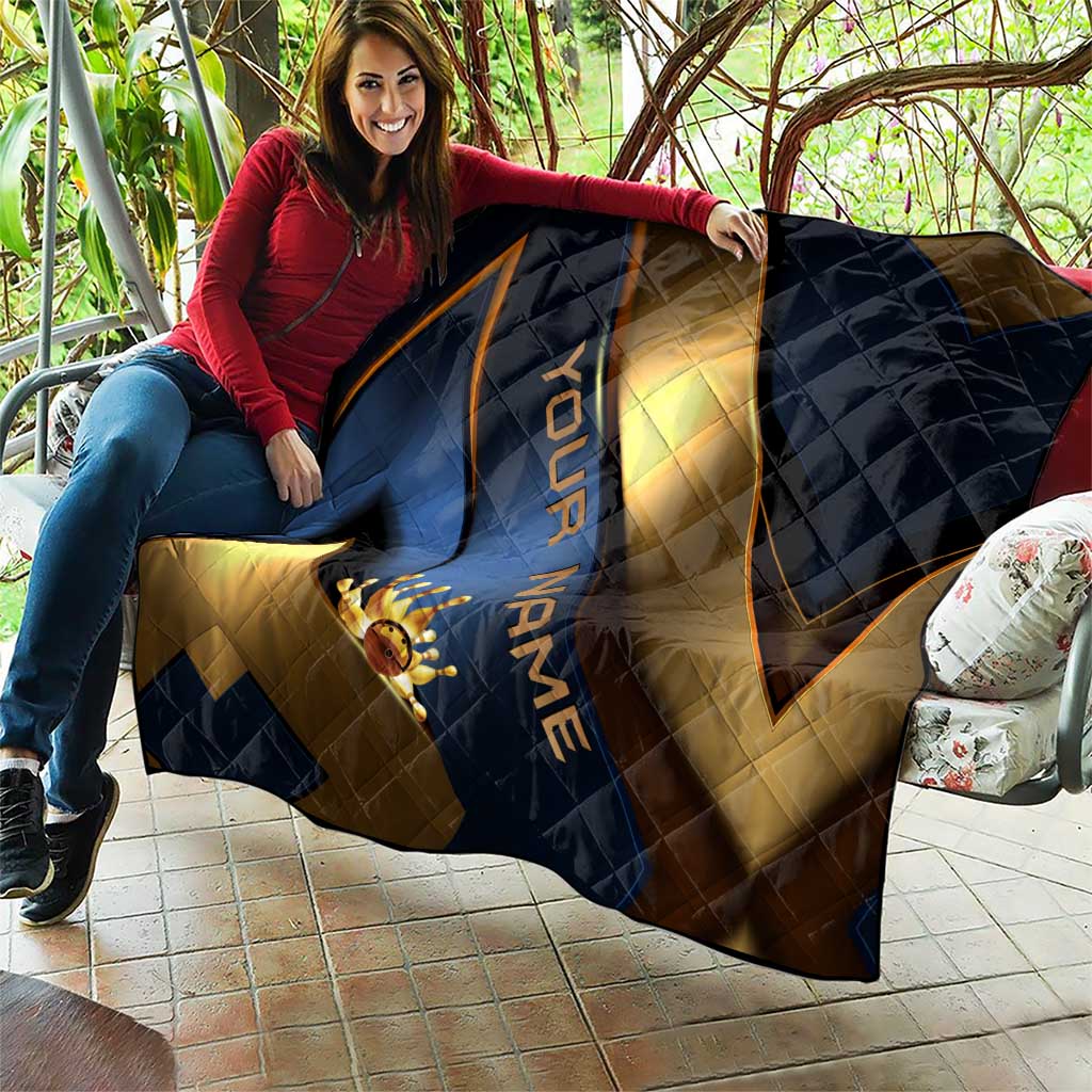 Angry Bowling Ball and Pins Quilt with Blue and Gold Metallic Stripe Graphic Design - Wonder Print Shop