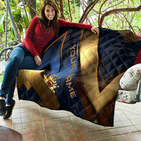 Angry Bowling Ball and Pins Quilt with Blue and Gold Metallic Stripe Graphic Design - Wonder Print Shop