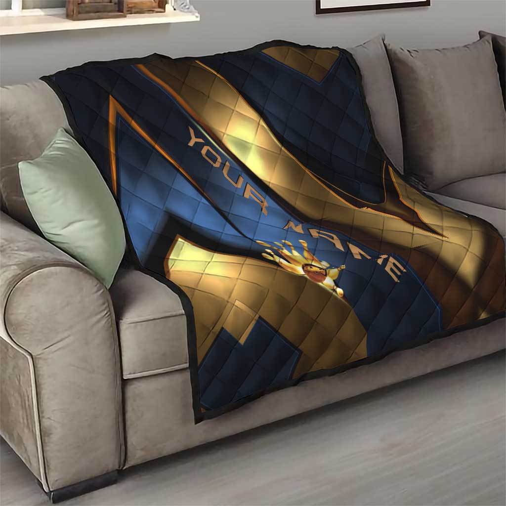 Angry Bowling Ball and Pins Quilt with Blue and Gold Metallic Stripe Graphic Design - Wonder Print Shop