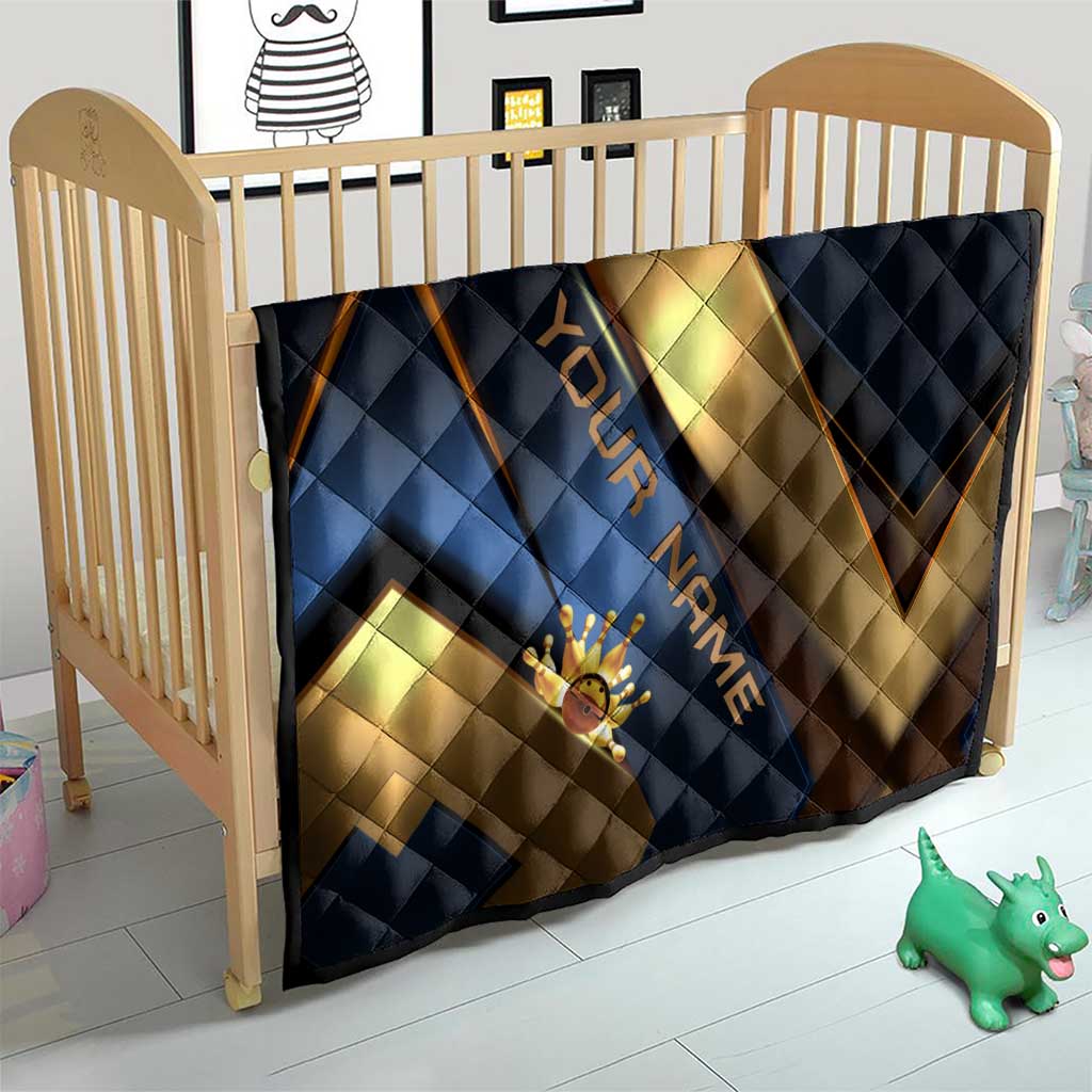 Angry Bowling Ball and Pins Quilt with Blue and Gold Metallic Stripe Graphic Design - Wonder Print Shop