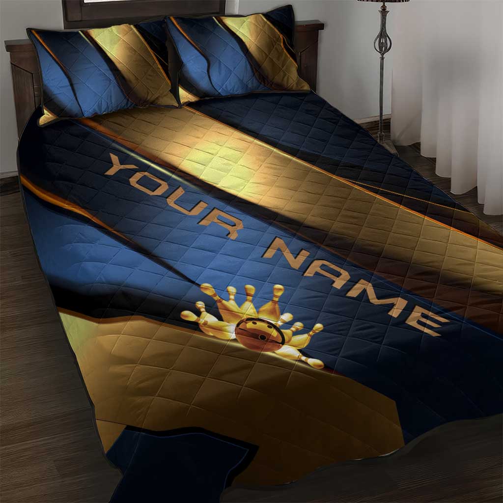 Angry Bowling Ball and Pins Quilt Bed Set with Blue and Gold Metallic Stripe Graphic Design - Wonder Print Shop
