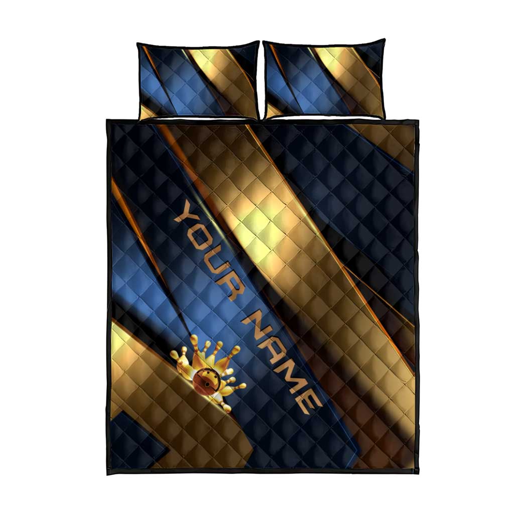 Angry Bowling Ball and Pins Quilt Bed Set with Blue and Gold Metallic Stripe Graphic Design - Wonder Print Shop