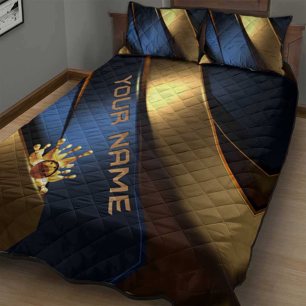 Angry Bowling Ball and Pins Quilt Bed Set with Blue and Gold Metallic Stripe Graphic Design - Wonder Print Shop