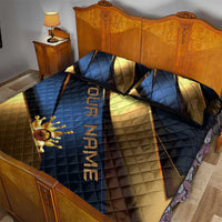 Angry Bowling Ball and Pins Quilt Bed Set with Blue and Gold Metallic Stripe Graphic Design - Wonder Print Shop