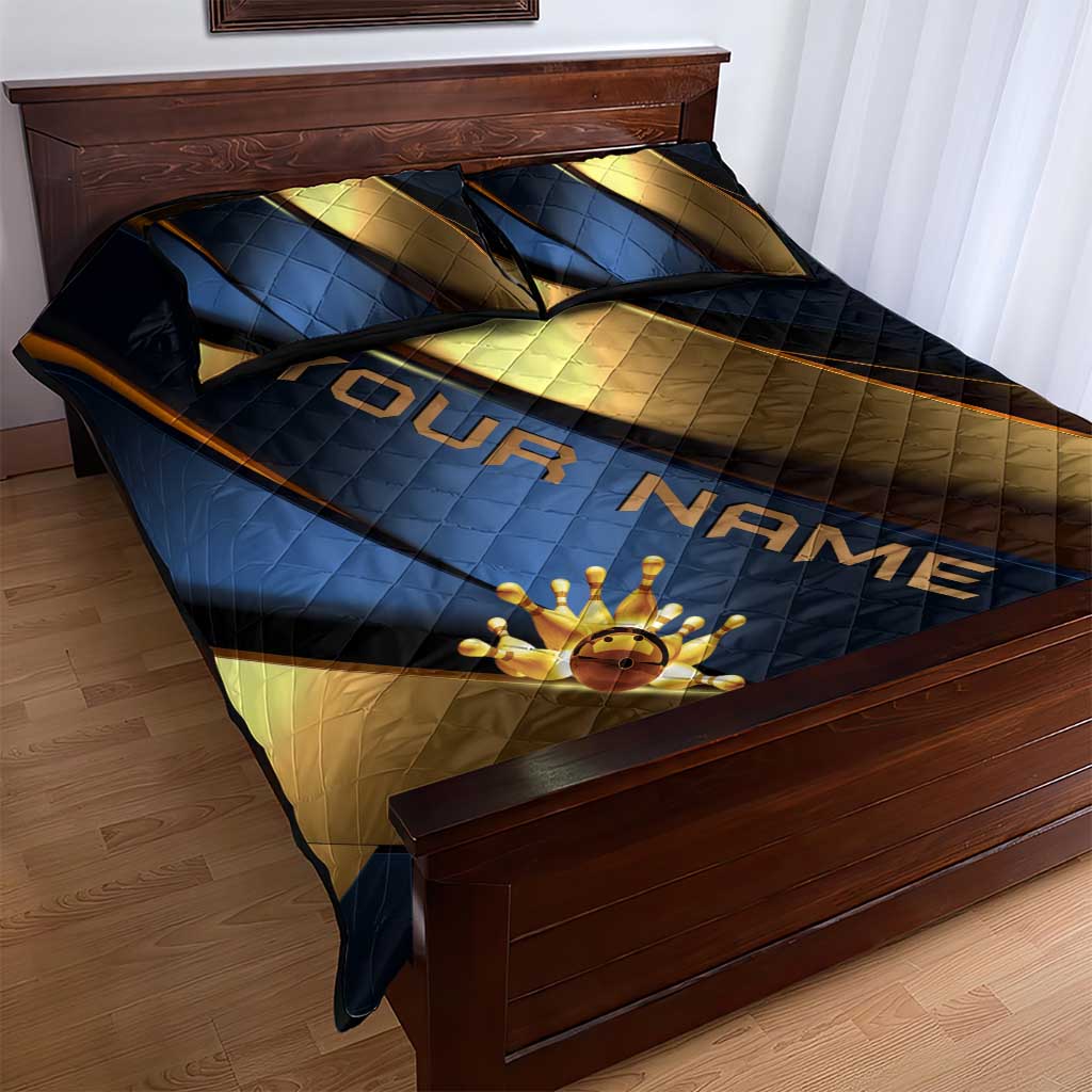 Angry Bowling Ball and Pins Quilt Bed Set with Blue and Gold Metallic Stripe Graphic Design - Wonder Print Shop