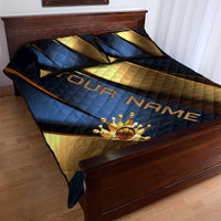 Angry Bowling Ball and Pins Quilt Bed Set with Blue and Gold Metallic Stripe Graphic Design - Wonder Print Shop