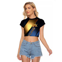 Angry Bowling Ball and Pins Raglan Cropped T Shirt with Blue and Gold Metallic Stripe Graphic Design - Wonder Print Shop