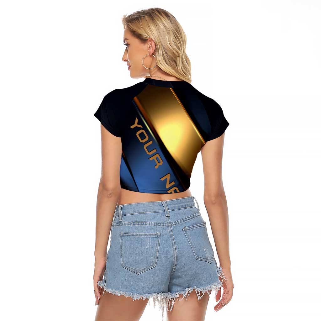 Angry Bowling Ball and Pins Raglan Cropped T Shirt with Blue and Gold Metallic Stripe Graphic Design - Wonder Print Shop