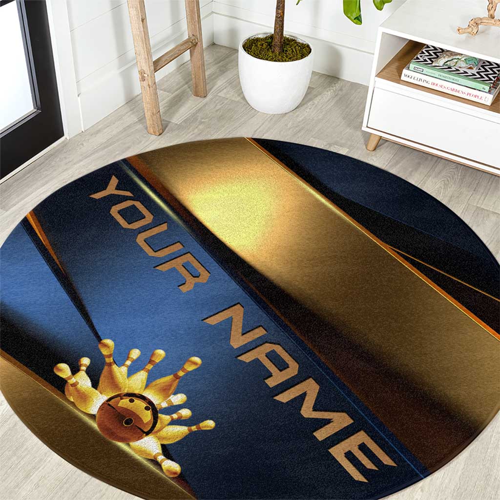 Angry Bowling Ball and Pins Round Carpet with Blue and Gold Metallic Stripe Graphic Design - Wonder Print Shop