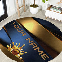 Angry Bowling Ball and Pins Round Carpet with Blue and Gold Metallic Stripe Graphic Design - Wonder Print Shop