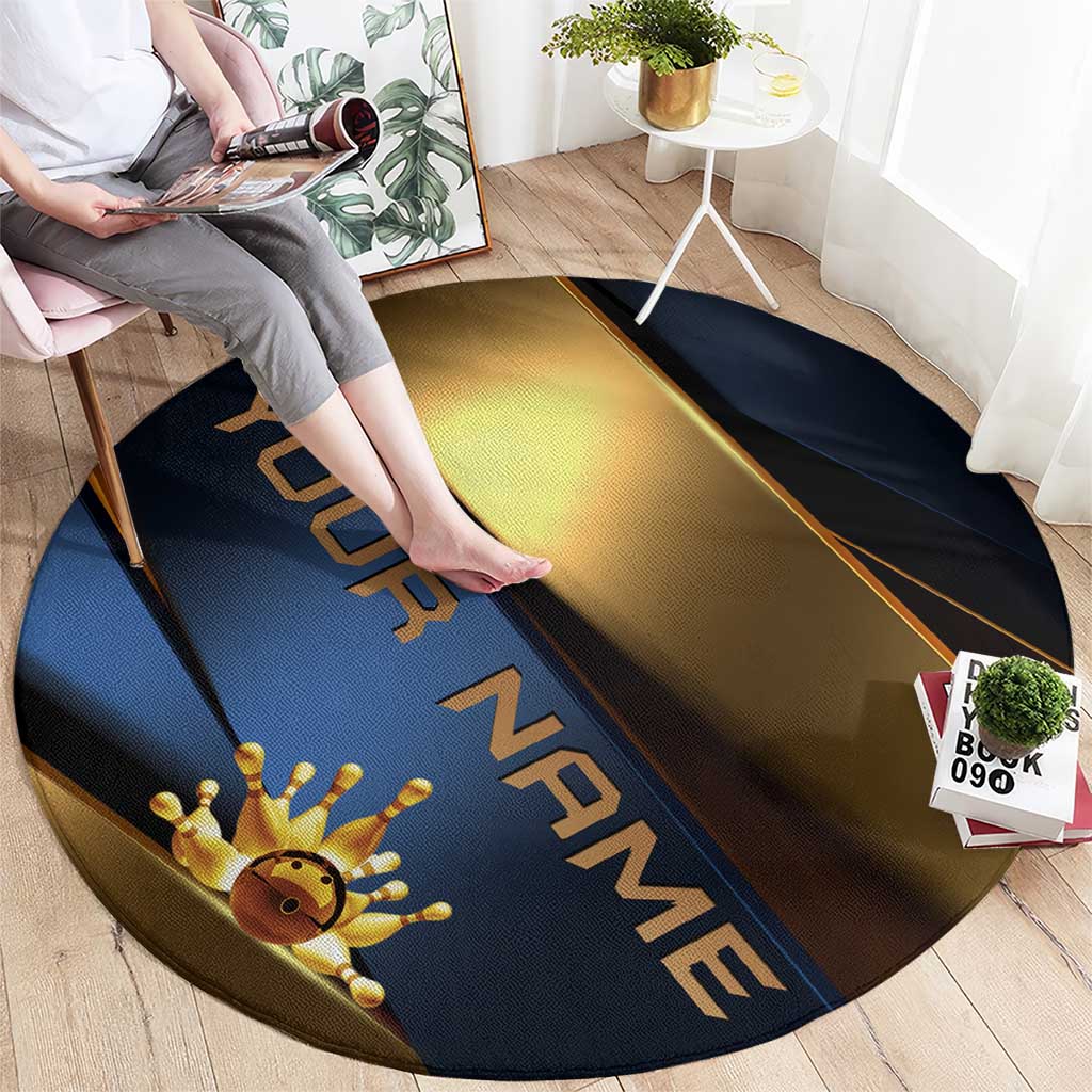 Angry Bowling Ball and Pins Round Carpet with Blue and Gold Metallic Stripe Graphic Design - Wonder Print Shop