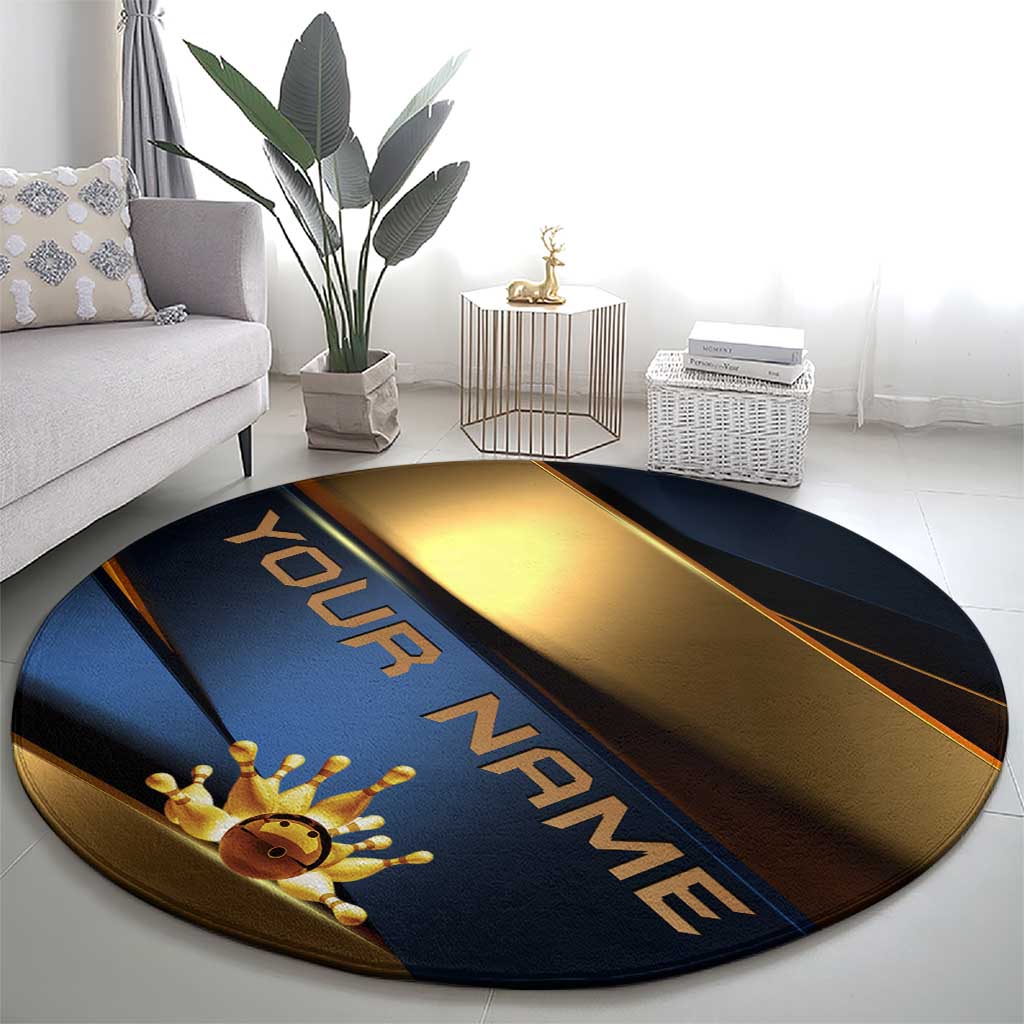 Angry Bowling Ball and Pins Round Carpet with Blue and Gold Metallic Stripe Graphic Design - Wonder Print Shop