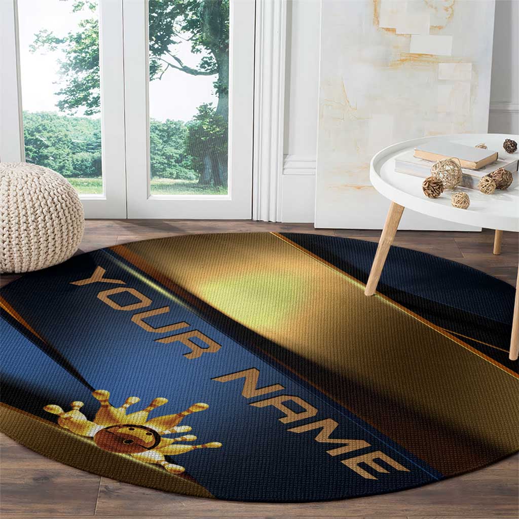Angry Bowling Ball and Pins Round Carpet with Blue and Gold Metallic Stripe Graphic Design - Wonder Print Shop