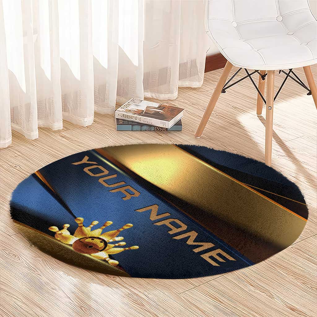 Angry Bowling Ball and Pins Round Carpet with Blue and Gold Metallic Stripe Graphic Design - Wonder Print Shop