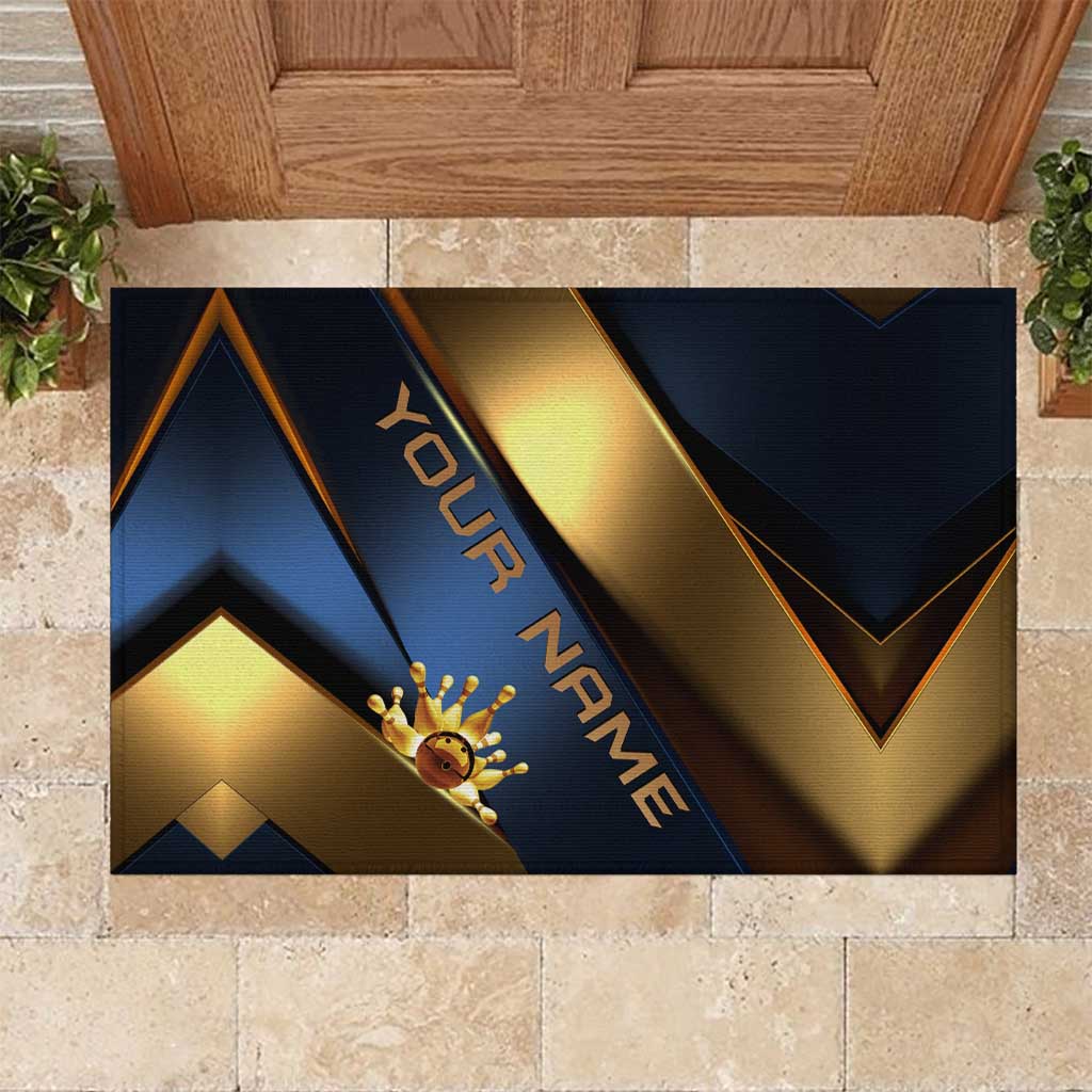 Angry Bowling Ball and Pins Rubber Doormat with Blue and Gold Metallic Stripe Graphic Design - Wonder Print Shop