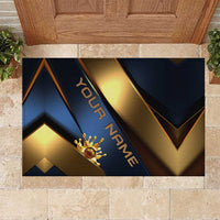 Angry Bowling Ball and Pins Rubber Doormat with Blue and Gold Metallic Stripe Graphic Design - Wonder Print Shop