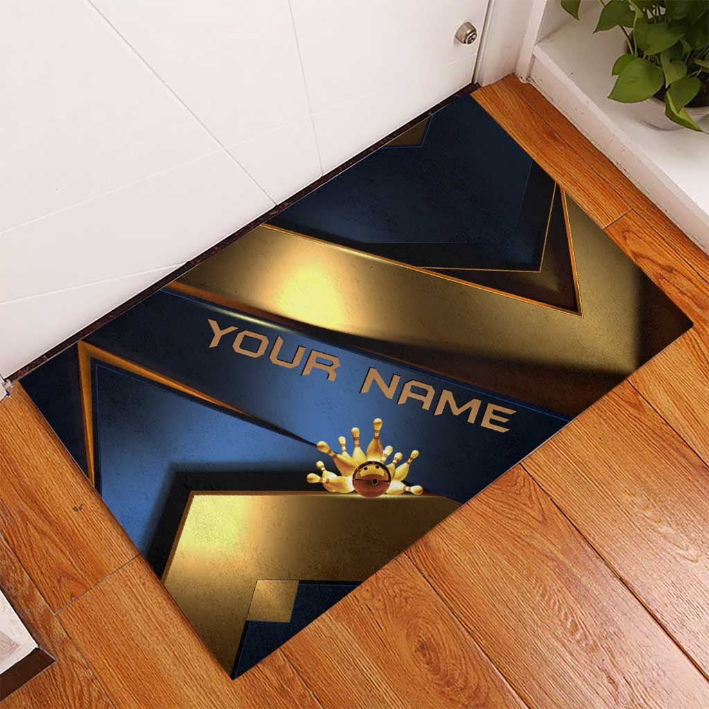 Angry Bowling Ball and Pins Rubber Doormat with Blue and Gold Metallic Stripe Graphic Design - Wonder Print Shop