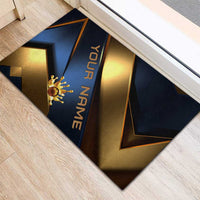Angry Bowling Ball and Pins Rubber Doormat with Blue and Gold Metallic Stripe Graphic Design - Wonder Print Shop